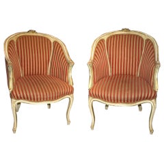 Pair of French Louis XV Style Bergeres in Painted Wood