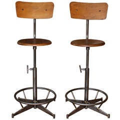 Vintage Pair of French Industrial Steel and Wood Barstools