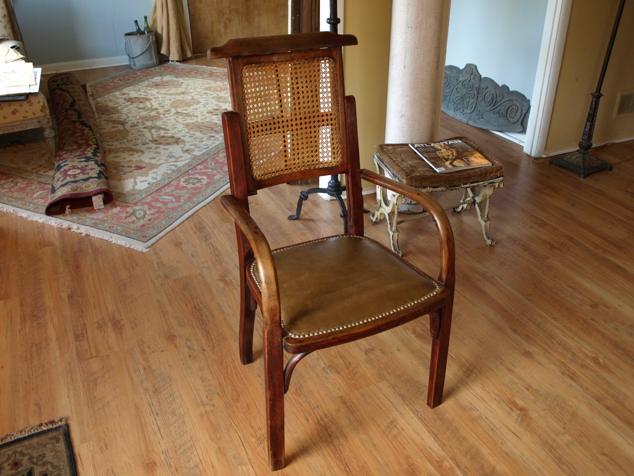 French "Barber" Chair in Leather, Beech Wood, and Rattan