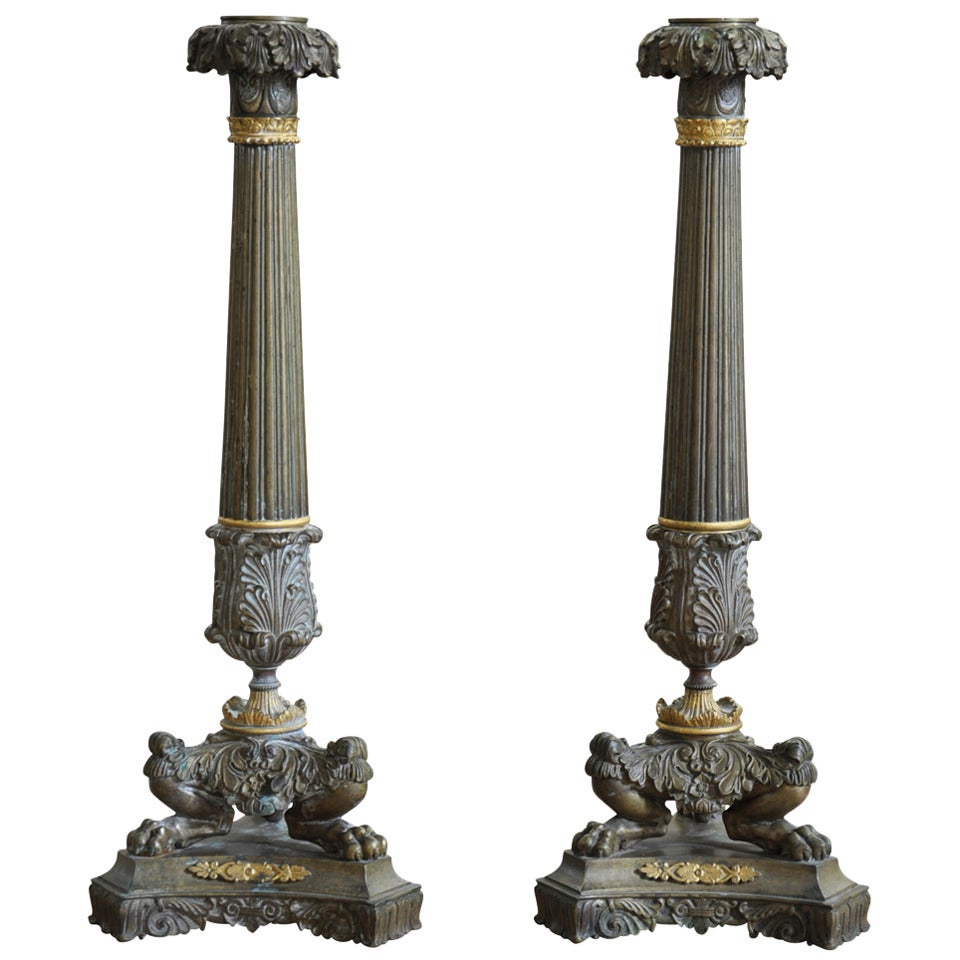 Pair of French Early 19th Century Candlesticks in Gilded Bronze For Sale