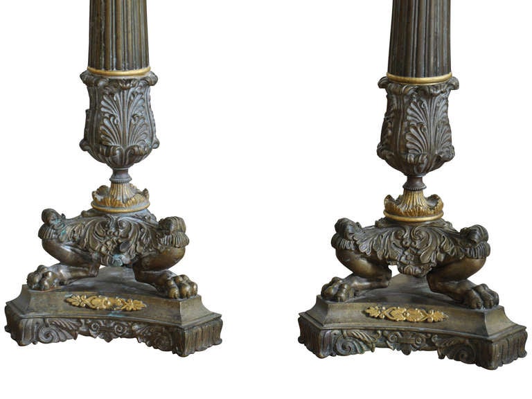 Pair of French Early 19th Century Candlesticks in Gilded Bronze For Sale 1