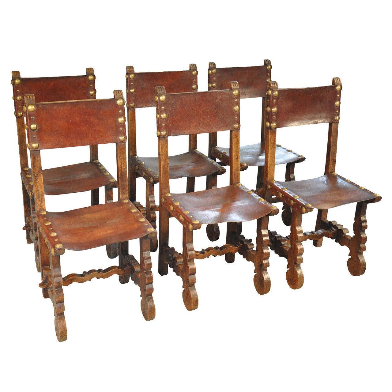19th Century Set of 6 Spanish Leather Dining Chairs