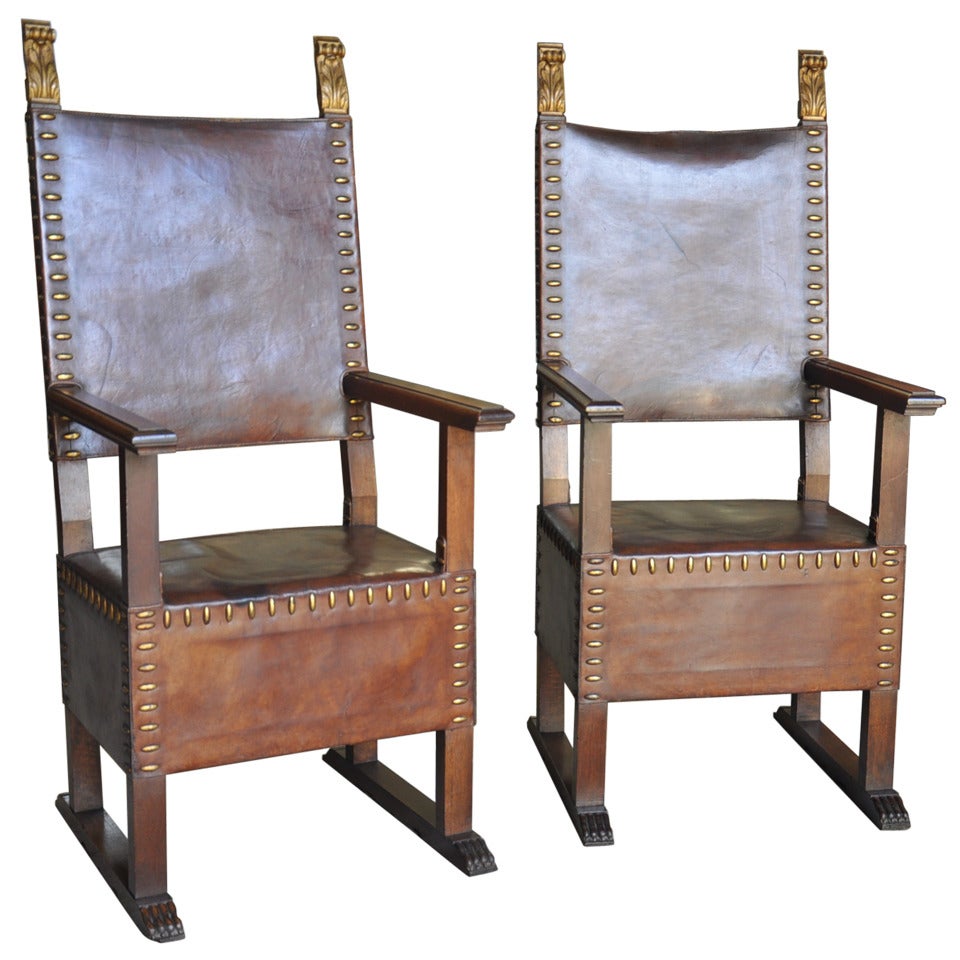 Pair of Early 19th Century Italian "Renaissance" Style Armchairs In Leather