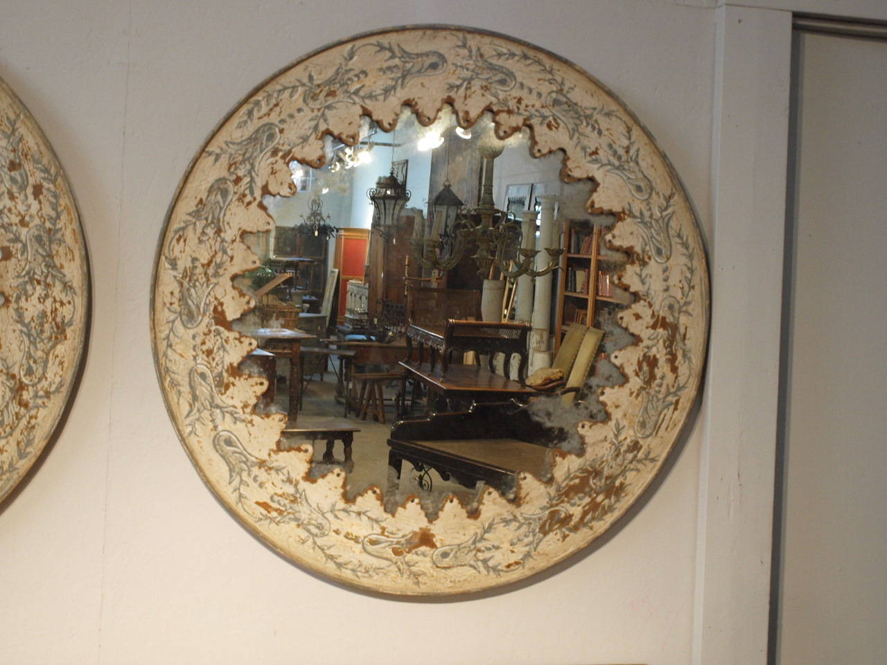 Pair of Spanish Hand Painted Metal Mirrors In Excellent Condition In Atlanta, GA