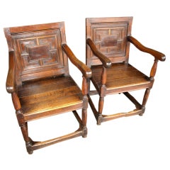 Mid 19th Century Pair of French Louis XIII Style Armchairs , Oak