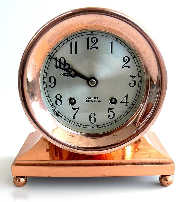 Later named - Commodore -.A perfect example of a Chelsea Clock Co., marine ship's bell clock in a stylish forged pink bronze case. This design dates back to Chelsea's beginning, and was originally named the 