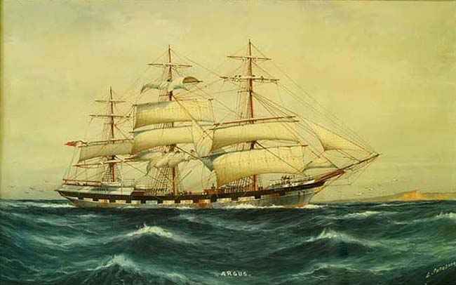BRITISH CLIPPER SHIP
ARGUS Ca 1925
Signed by Artist L. Papaluca, the Elder (1890-1935)

Gouache on paper Signed LR
Unframed 12 3/4 