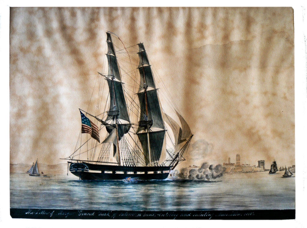 Watercolor The War Of 1812 Barkentine Grand Turk Of Salem