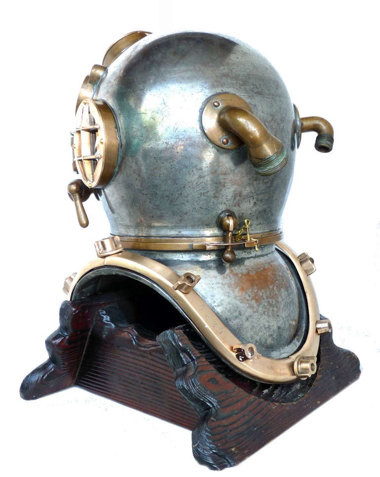 Mid-20th Century Morse Navy MK V Dive Helmet Dramatic Silver Appearance Nautical Folk Art For Sale