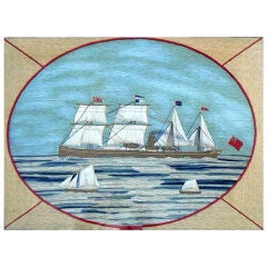 Antique Sailor Made Nautical Woolie - Sail and Steamship Marine Folk Art