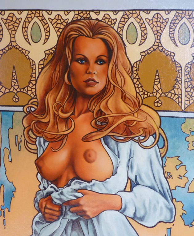 Large Semi Nude Oil on Canvas in the Style of  Alfonse Mucha For Sale 3