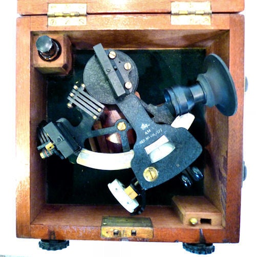 Here is a gem of a high quality British Air Ministry sextant from WW II. It is the second one we've discovered in this remarkably fine condition. A micro-mini tiny sextant that has a radius of arc of only 3 1/2 inches, but has large size mirrors and