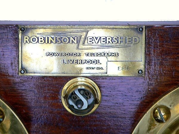 A custom mounted combination of bridge and engine room telegraph control heads from one of England's early makers Robinson-Evershed. It is professionally made and was likely a company sale's display. In 1968, Robinson-Evershed was acquired by the