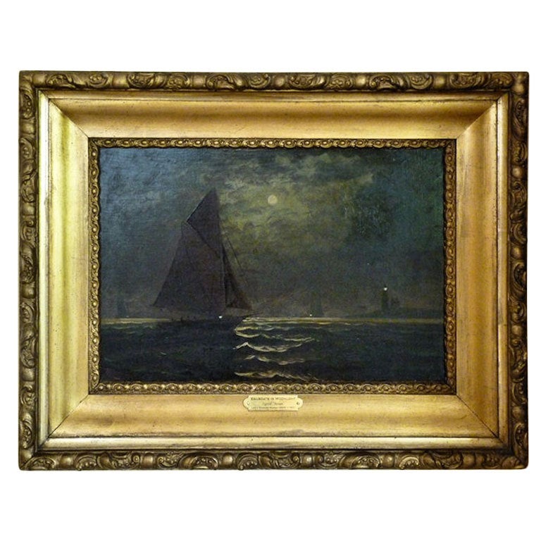 Nautical Oil Painting  Edward Moran "Sailboats in Moonlight" For Sale