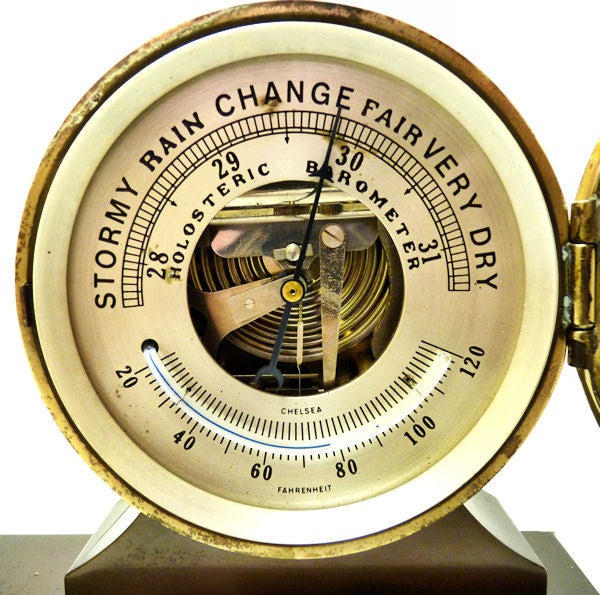 Here is a near perfect example of a Chelsea ship's bell clock and a companion holosteric barometer with special Fahrenheit thermometer that was first introduced in 1928 as the Columbus model and made until 1938. The Ocean Pride limited production