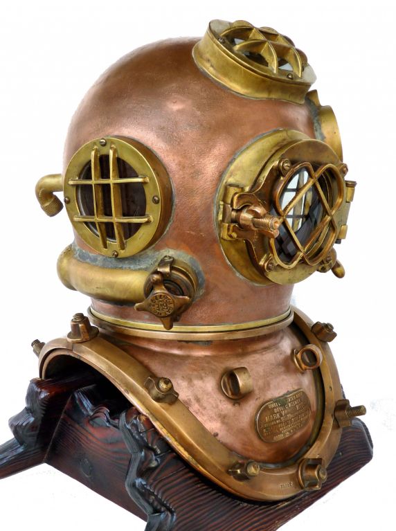 Presented is an A. Schrader U.S. Navy MK V helmet that was made in the middle of WW II.  Much of its history is known making it one of the few which was later owned by the individual that used it during the time he worked as a Navy diver at the