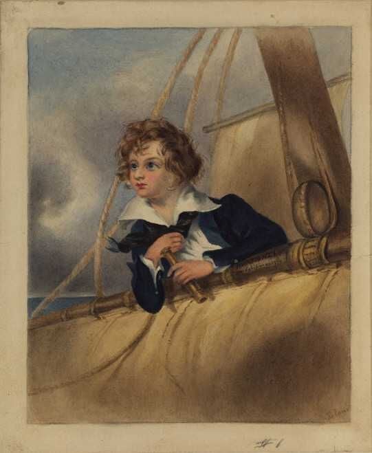 Marine Watercolor Framed Royal Navy Midshipman in Rigging