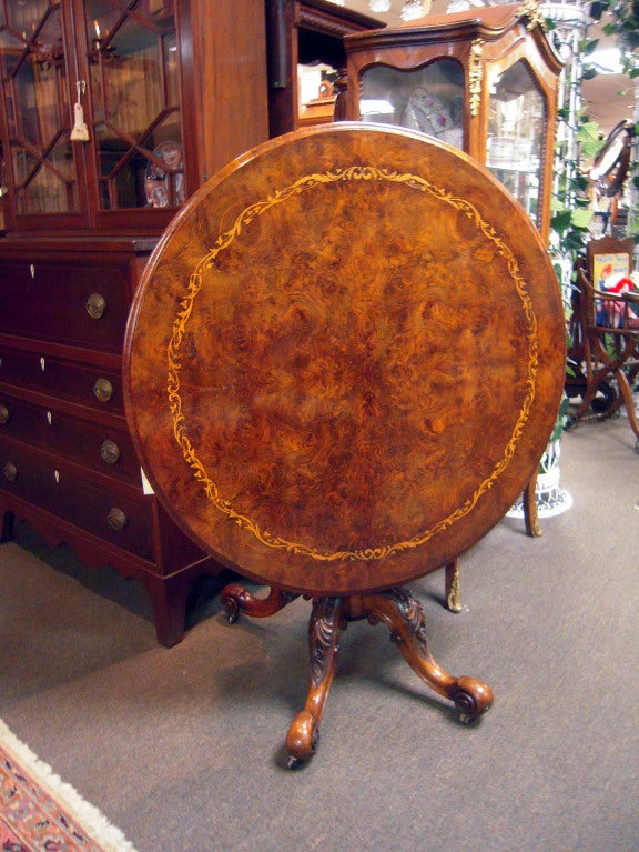 Inlaid Burl Walnut Tilt Top Table, ca 1860