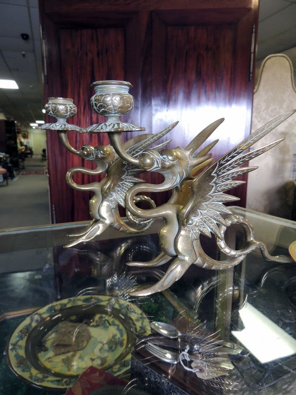 American Tiffany & Co. Bronze Griffin Candlestick Holders For Sale