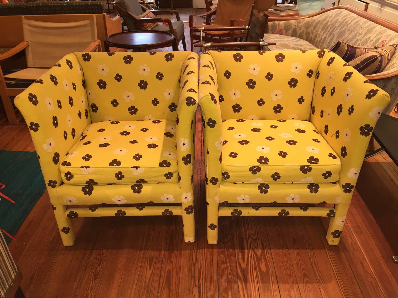 Fabulously fun original whimsical embroidered flower upholstery club chairs. Fine custom craftsmanship by Century Furniture.