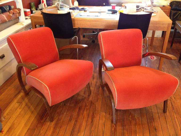 Extremely rare Jindrich Halabala Lounge Chairs.  The chairs are not prototypes but came from a very limited production run.  The chairs were purchased from the Halabala family - bought directly from Ivan Halabala, the son of Jindrich the designer. 