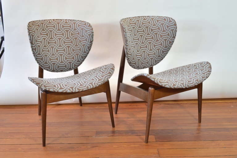 Beautiful pair of chairs by Miami designer Seymour J. Wiener for Kodawood. Chairs have been restored and newly upholstered