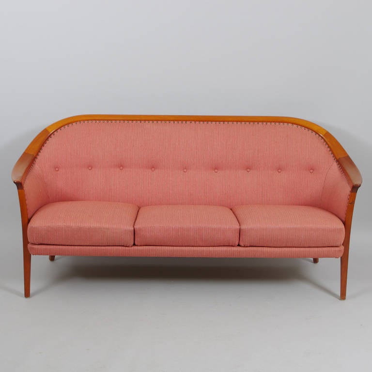 Fantastic bentwood sofa and chair set by Swedish designer Bertil Fridhagen. Original fabric is nice shape but could be easily amazingly transformed with fresh upholstery. A truly elegant addition to any seating arrangement.