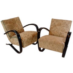 Pair of J. Halabala H269 Lounge Chairs, Black-Stained Frame