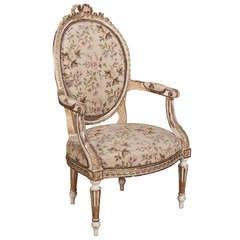 Antique French Louis XVI Needlepoint Painted Armchair