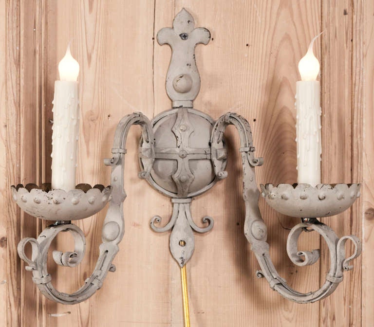 Belgian Pair Country French Hand Forged Wrought Iron Painted Sconces