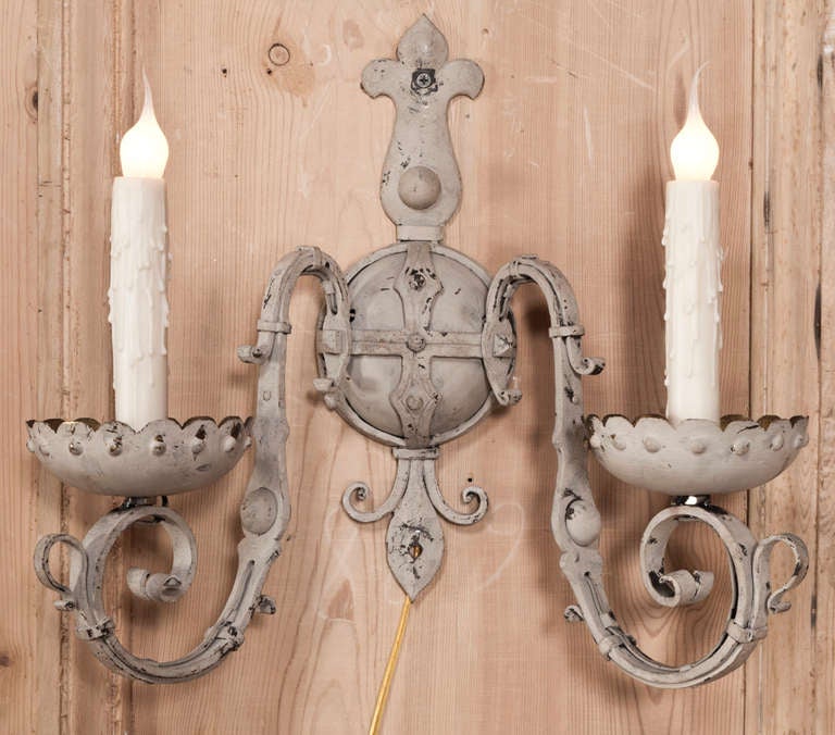 Hand-Crafted Pair Country French Hand Forged Wrought Iron Painted Sconces