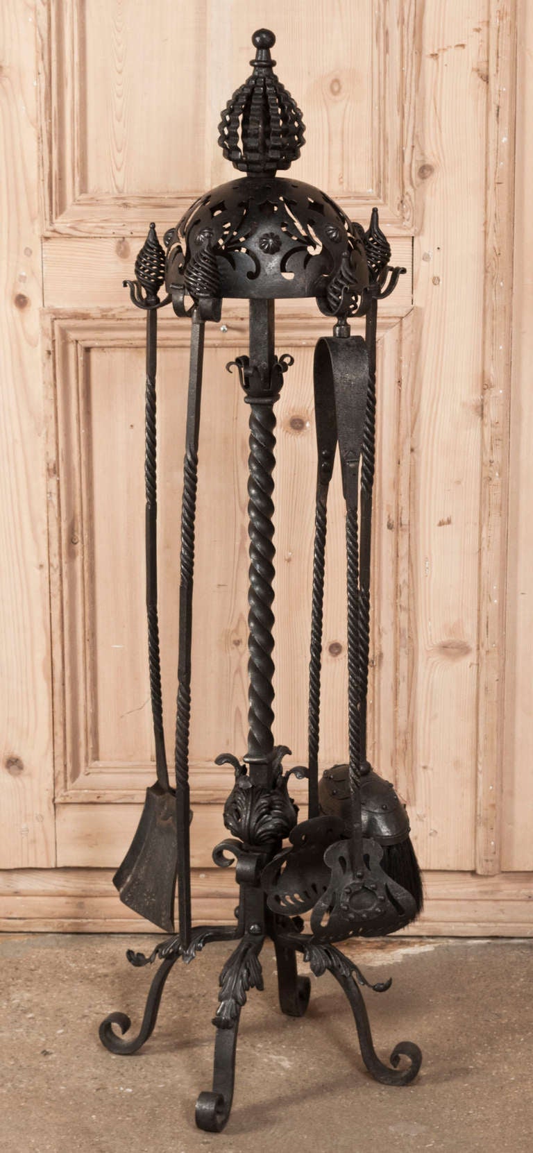 Grand Antique Wrought Iron Fireplace Tool Set