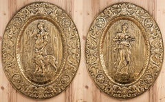 Pair Antique Embossed Brass Plaques