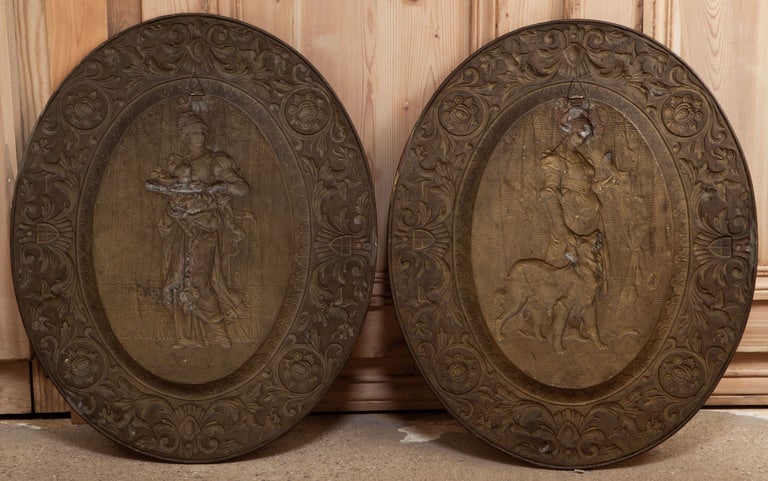Pair Antique Embossed Brass Plaques 3