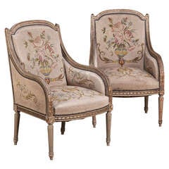 Pair Antique Louis XVI Painted Tapestry Armchairs