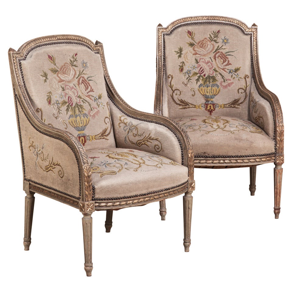 Pair Antique Louis XVI Painted Tapestry Armchairs