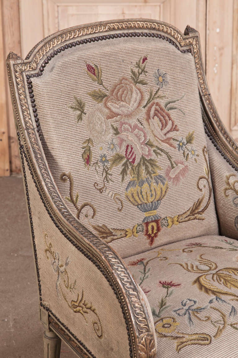 French Pair Antique Louis XVI Painted Tapestry Armchairs