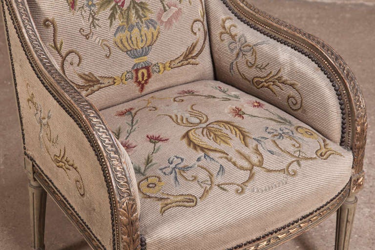 Hand-Carved Pair Antique Louis XVI Painted Tapestry Armchairs