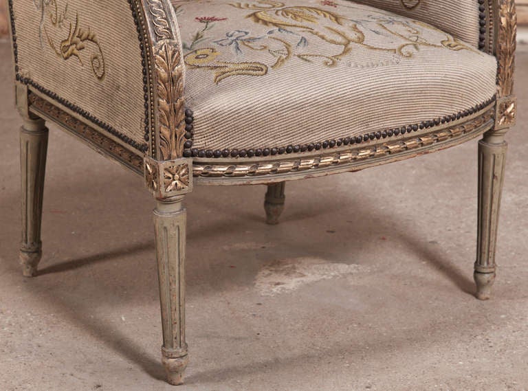 Pair Antique Louis XVI Painted Tapestry Armchairs In Excellent Condition In Dallas, TX