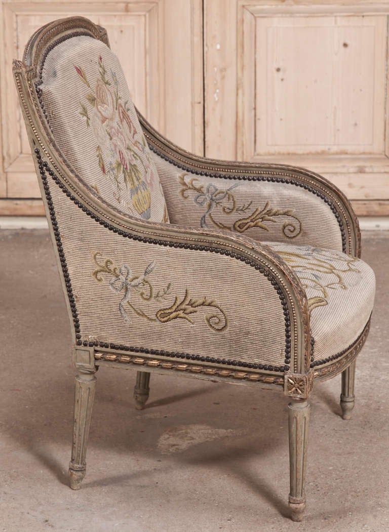 19th Century Pair Antique Louis XVI Painted Tapestry Armchairs