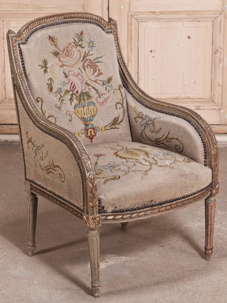Pair Antique Louis XVI Painted Tapestry Armchairs 1