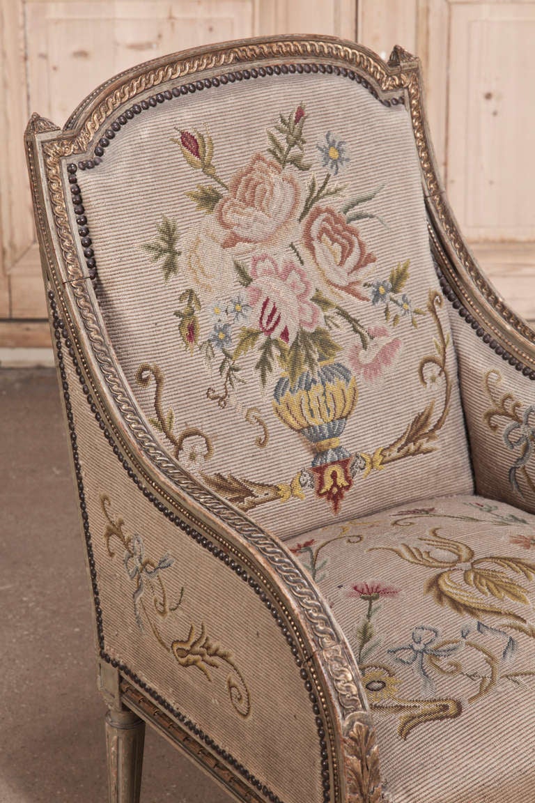 Pair Antique Louis XVI Painted Tapestry Armchairs 2