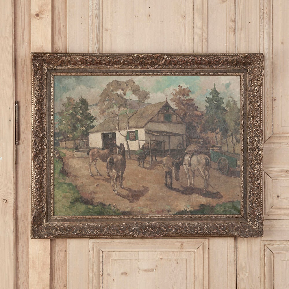 Painting of Horse Ranch by Piet Landkroon.
In this remarkable work the artist has deftly combined the human and domestic animal interests with his wonderful pastoral painting ability, all in one work with its original very detailed frame. It would