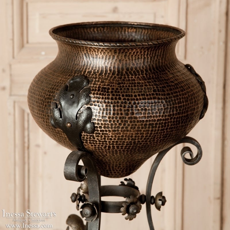 German Copper Jardiniere on Wrought Iron Stand