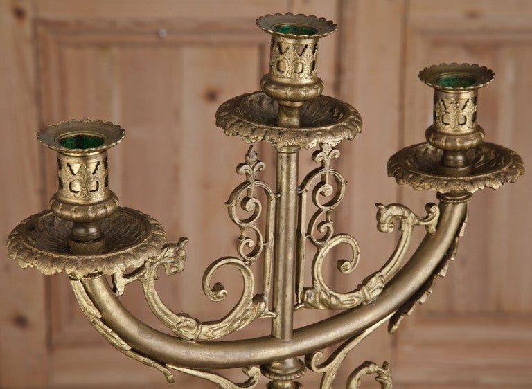 Pair Antique Louis XIV Brass Candelabra In Excellent Condition In Dallas, TX