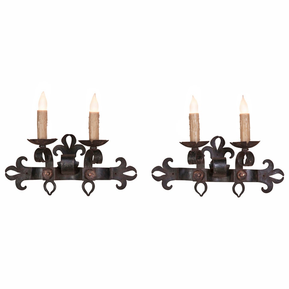 Pair of Country French Wrought Iron Hand Forged Sconces