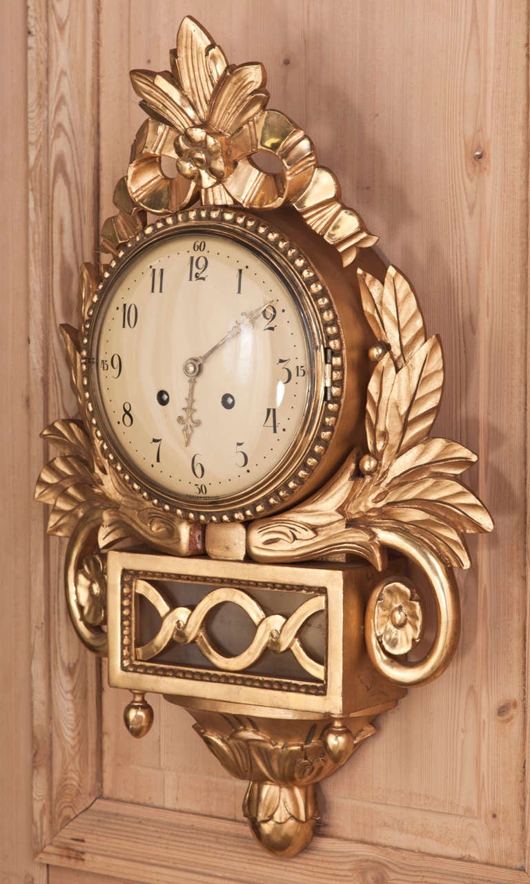 Hardwood Antique Giltwood Swedish Wall Clock