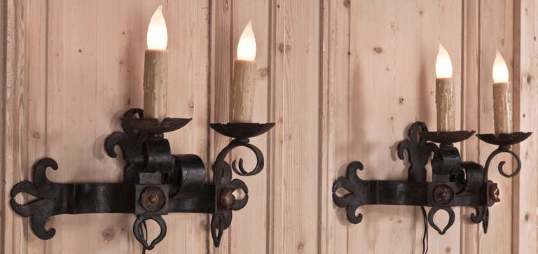 Hand-Crafted Pair of Country French Wrought Iron Hand Forged Sconces
