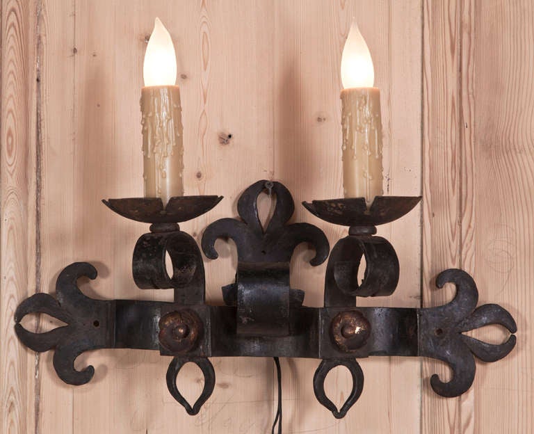 Mid-20th Century Pair of Country French Wrought Iron Hand Forged Sconces