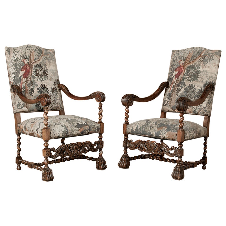 Pair of 19th Century French Louis XIII Tapestry Armchairs